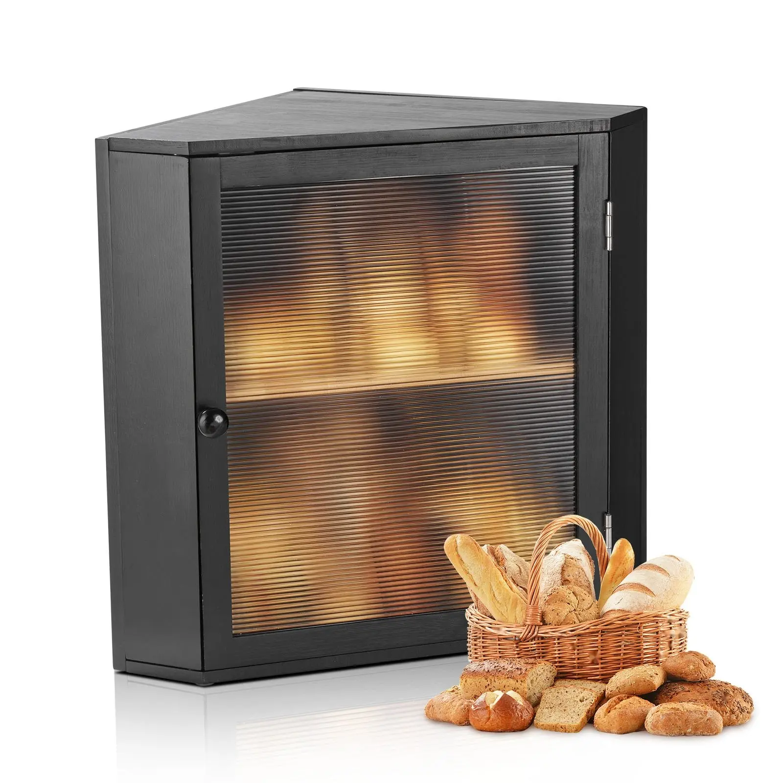 Corner Bread Box For Kitchen Counter - Double Layer Bamboo Storage Container In Black Finish, Durable Two-Tier Bread Organizer For Fresh Loaves And Buns, Pastries And Snacks, Space-Saving Countertop Kitchen Storage