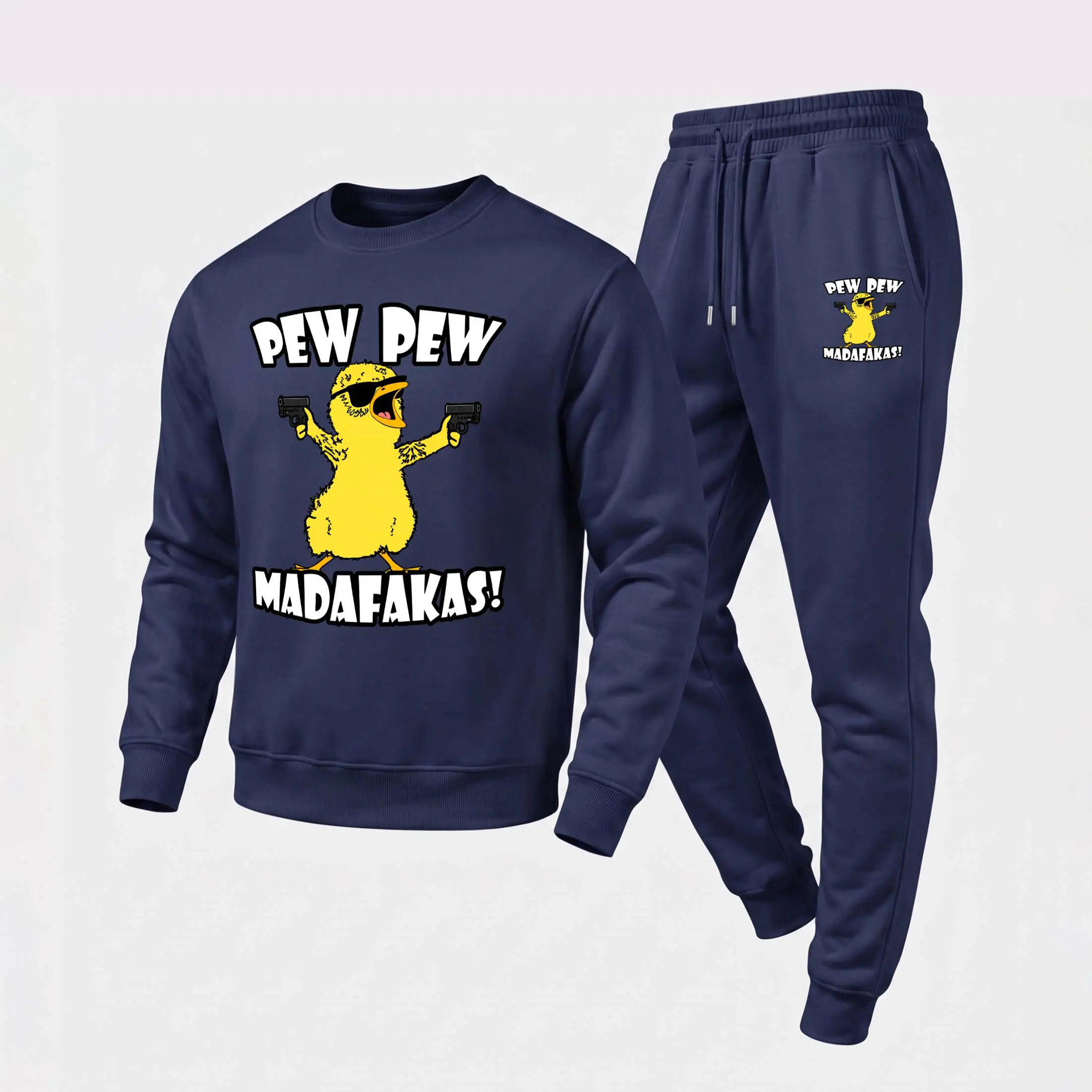 Men's Pew Pew Madafakas Graphic Crewneck Sweatshirt and Jogger Pants Set, Casual Long Sleeve Pullover with Drawstring Sweatpants, Fall Winter Tracksuit for Daily Wear, Travel, Lounge, Workout and Indoor Outdoor Activities