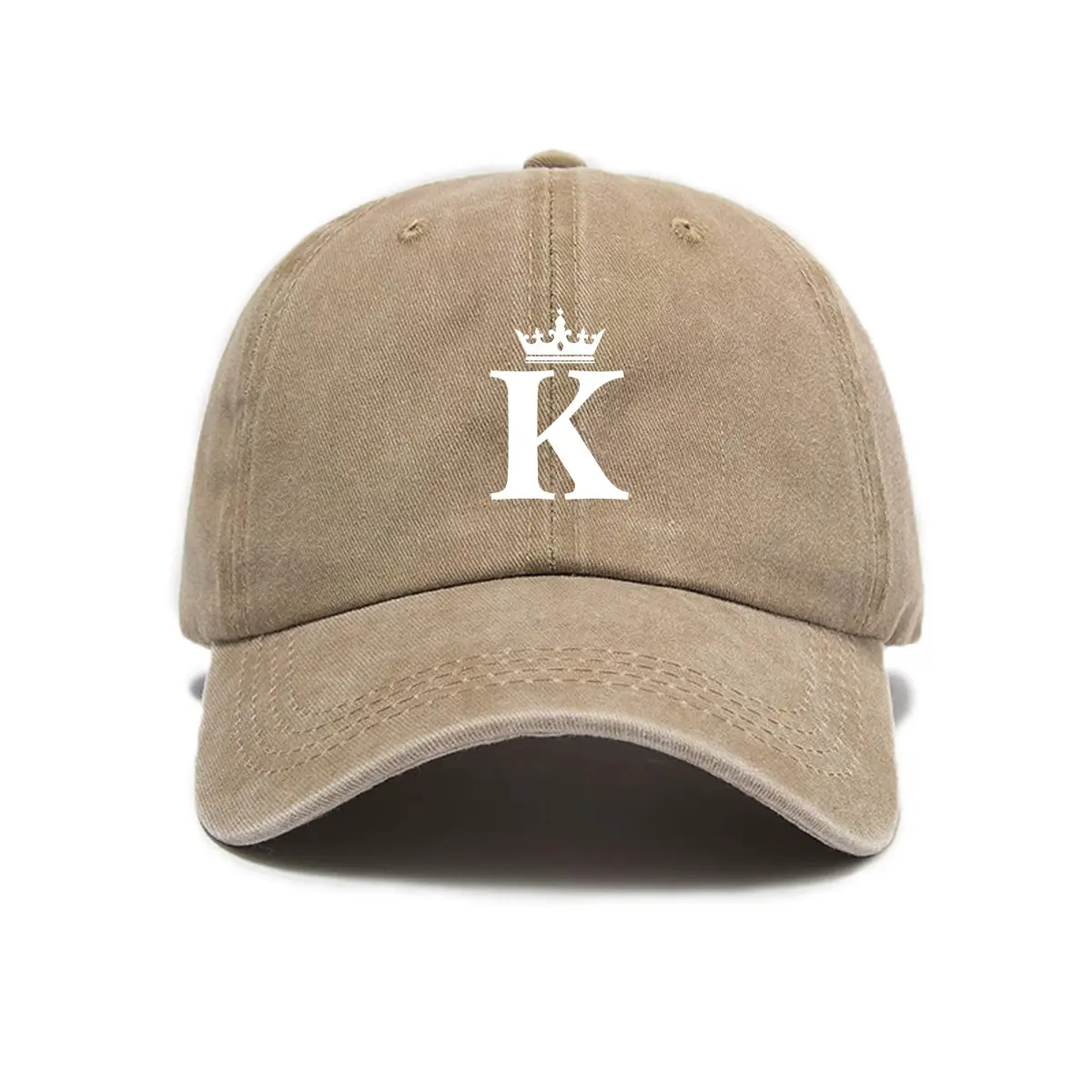 Crown Letter K Khaki Baseball Cap Unisex Summer Outdoor Sun Hat Vintage Washed Cotton Adjustable Trucker Hat Aesthetic Trendy Streetwear Minimalist Headwear Casual Daily Outfit Cute Gift Ideas