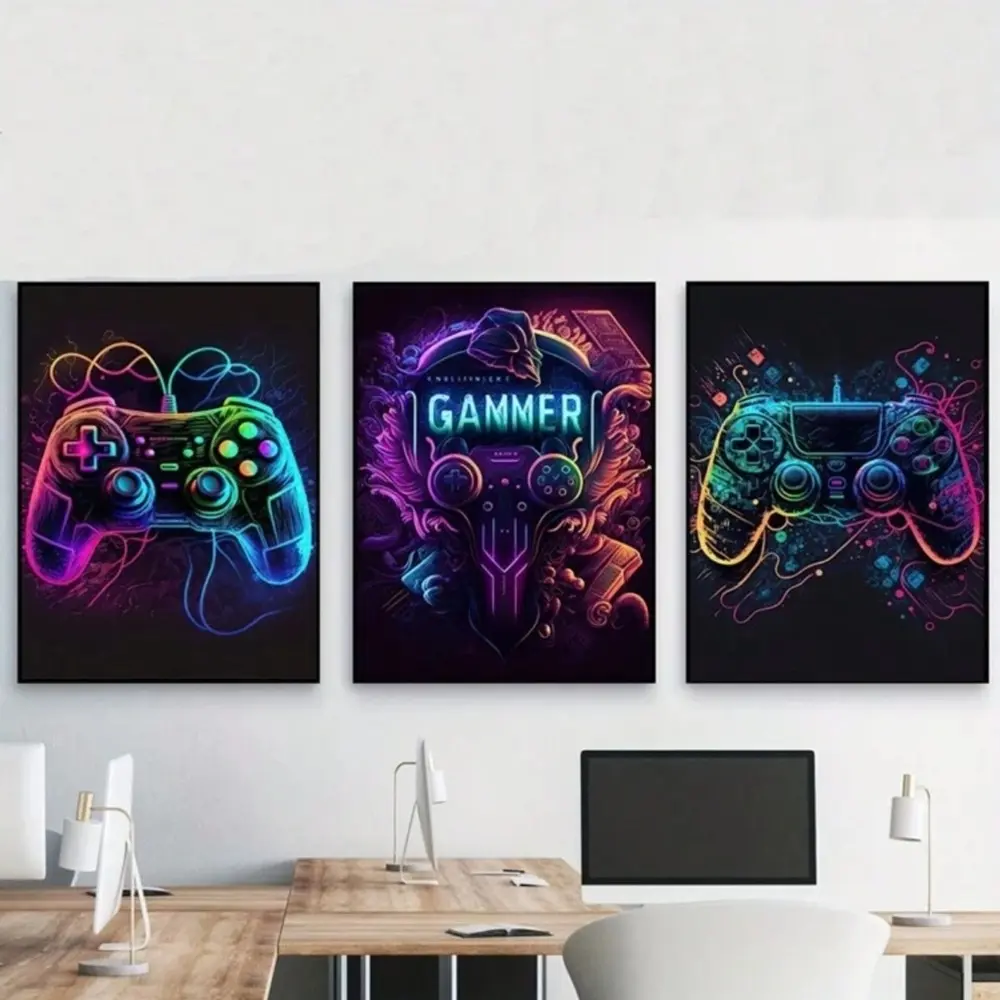 3-piece Neon Pop Cool Game Controller Art Prints, Gaming Room Wall Decor, Game Room Decoration, Framed and Unframed Options Available