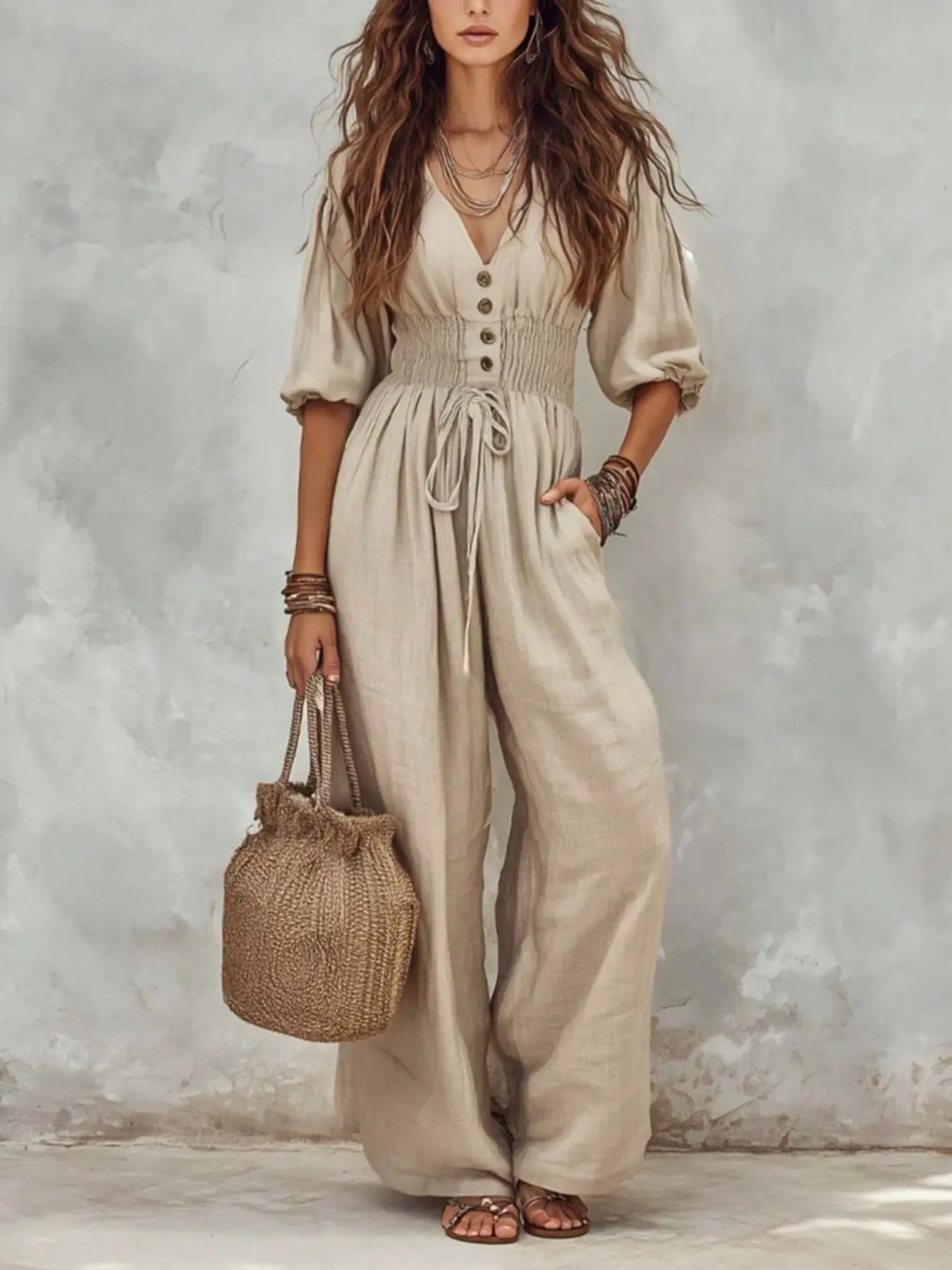 2026 New Bubble Sleeve Drawstring Waist Romper, Casual Vacation Style, V-Neck Button Front, Loose Fit, Boho Chic, Bohemian, Plus Size Friendly