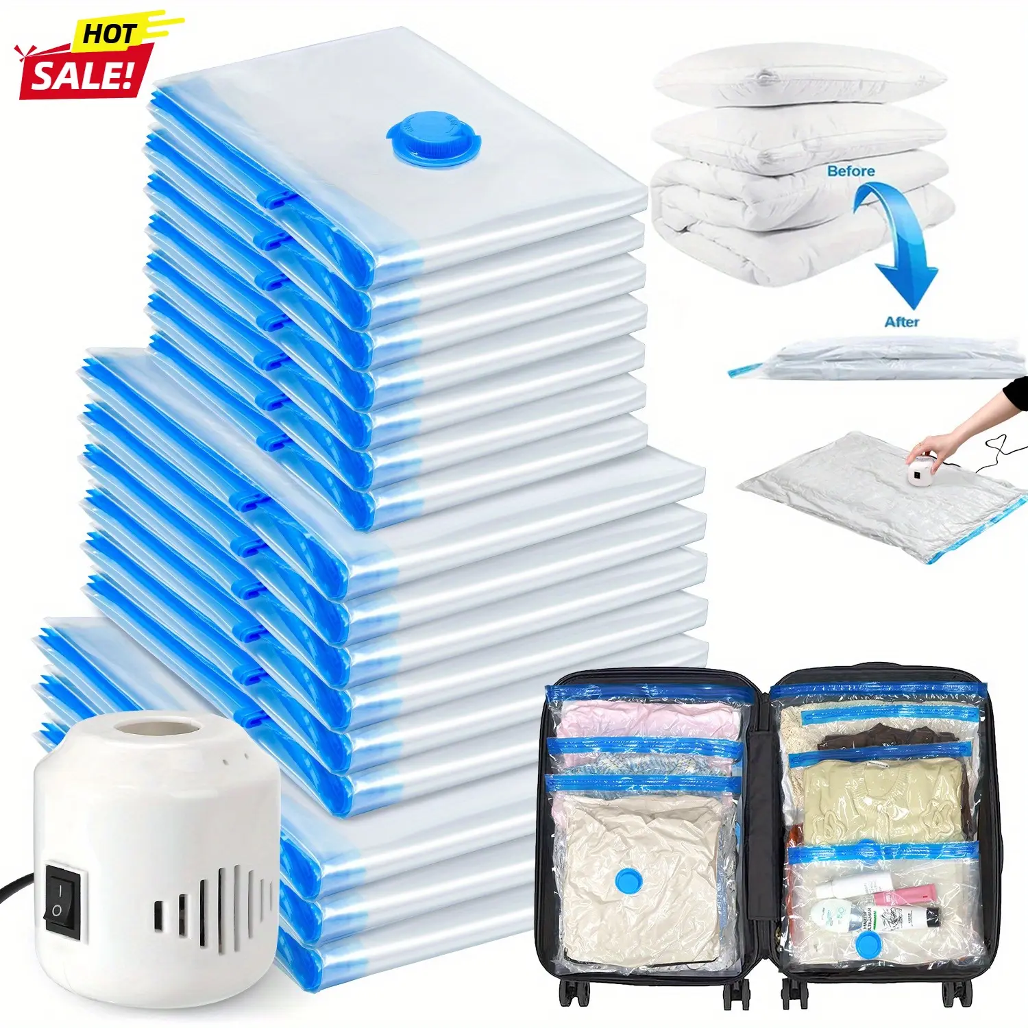 Vacuum Storage Bags, 16 Pack Vacuum Compression Bags with Electric Pump (7 Small, 6 Medium, 3 Large), Space Saver Seal Bags for Travel Luggage, Clothes, Bedding, Pillows, Quilts, Blankets