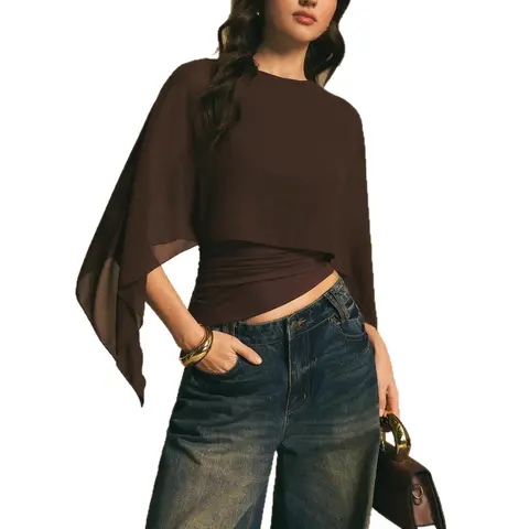 Women's 2026 Summer Cape-Sleeve Chiffon Overlay Blouse - Crew Neck, Asymmetric Layered Irregular Solid Color Top, Flattering Dressy Chic Going Out Tops, Shirts for Women