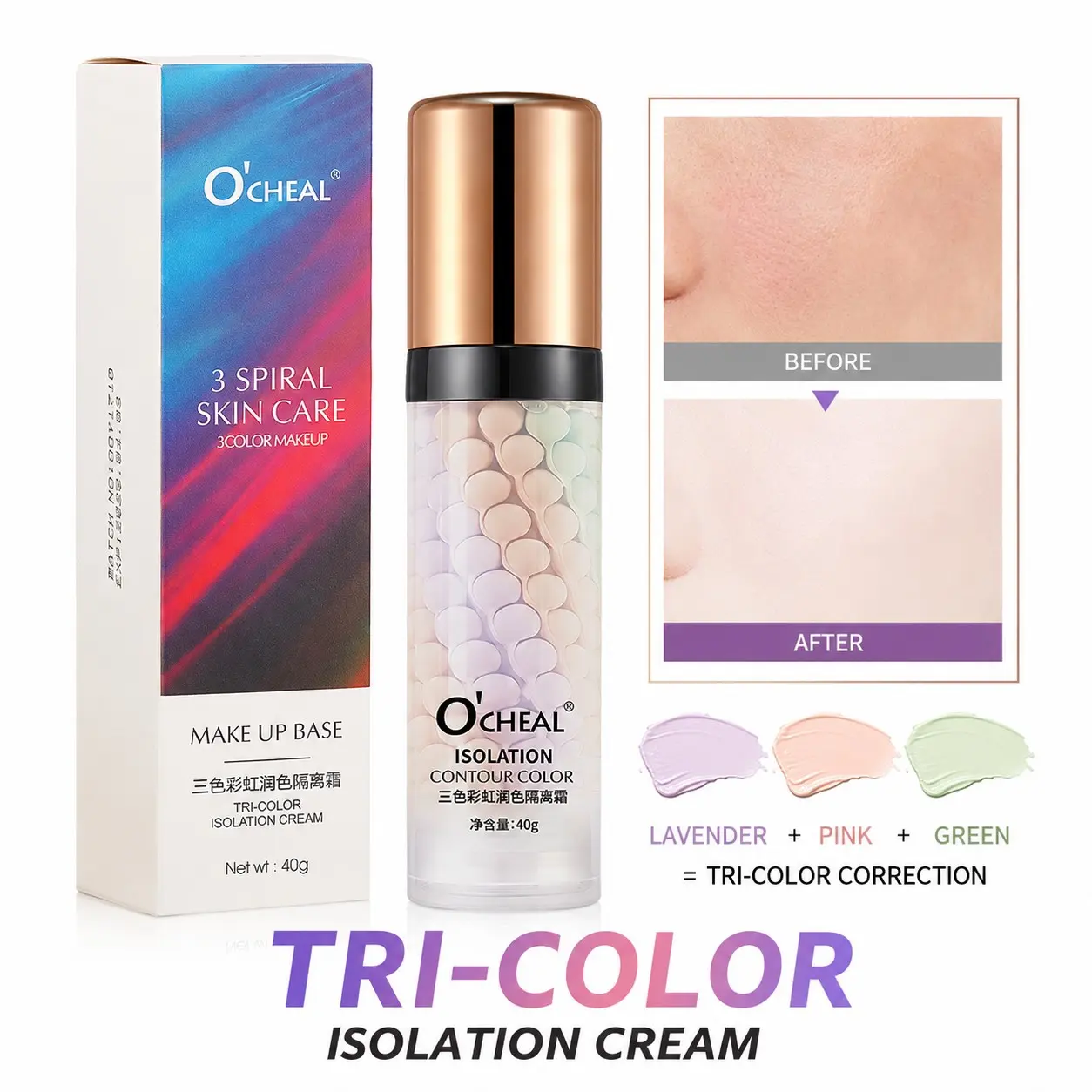 Tri-Color Isolation Cream, 3-in-1 Color Correcting Makeup Base with Lavender Pink & Green, Moisturizing Non-Greasy Formula, Brightens & Evens Skin Tone, 12H Long-Lasting Wear, Prevents Dust & Blue Light, All Skin Types