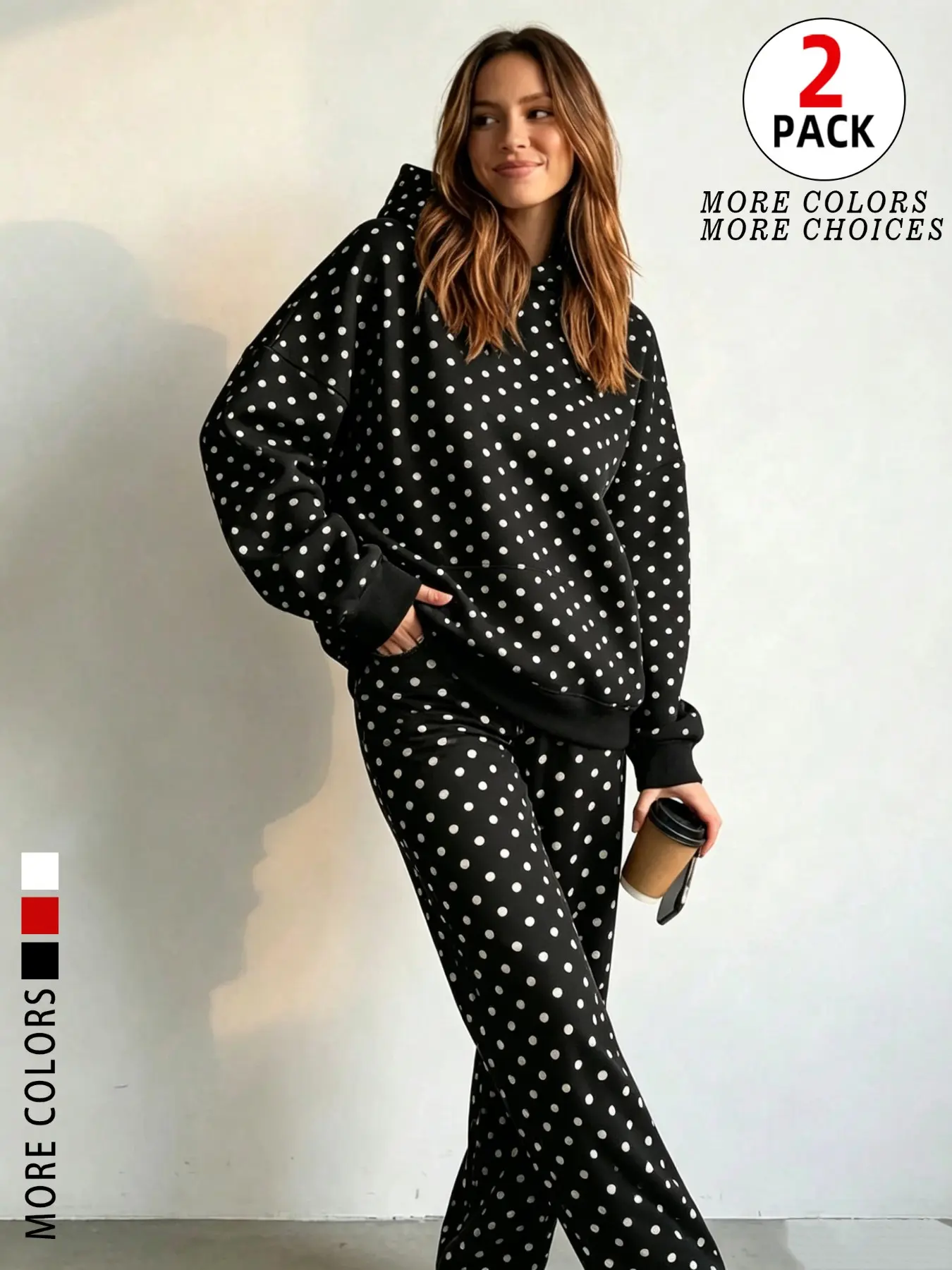 Women Polka Dot Fleece Lined 2 Piece Tracksuit Oversized Hoodie Wide Leg Sweatpants Y2K Grunge Casual Loungewear with Pocket Warm Thermal Matching Suit for Girls Ladies Daily Campus Skate Winter Viral TikTok Trendy Multi Colors
