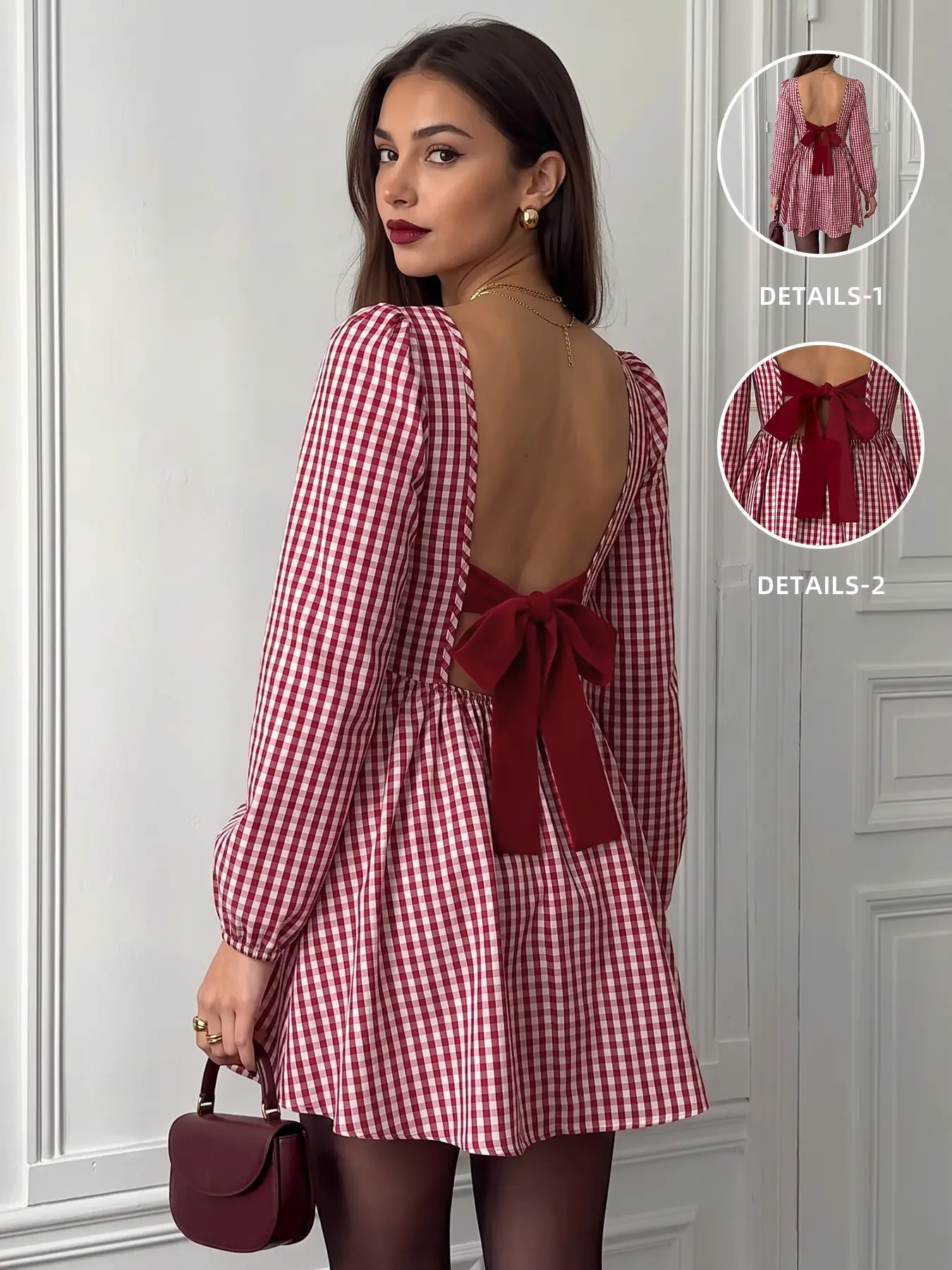Christmas French Retro Backless Dress, Butterfly Knot Plaid Design, Elegant Holiday, Perfect for Festive Occasions