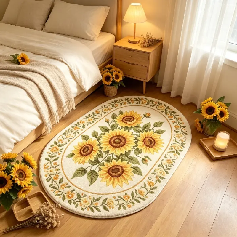 Retro Sunflower Oval Floor Mat, French Pastoral Style Bedroom Bedside Carpet, Floral Border Design Entrance Carpet, Living Room Plush Carpet, Washable Bathroom Carpet, Flower Pattern Rugs, Home Decoration