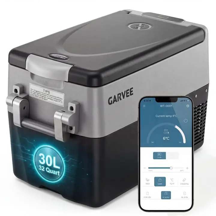 GARVEE 32QT Dual Zone 12V Portable Car Refrigerator Freezer, Vehicle Cooler with APP & LCD Digital Control, Detachable Metal Storage Basket, AC/DC Dual Power Supply, Portable Fridge for Camping RV Truck Fishing Travel Home Use