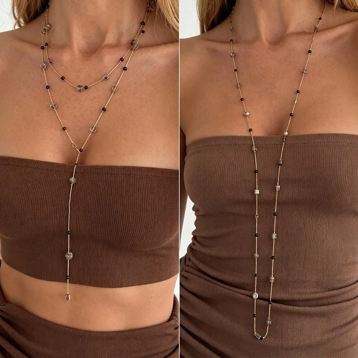 Multi-Way Long Crystal Station Chain Necklace Convertible Lariat Layering Boho Jewelry Versatile Everyday Fashion Accent Vintage accessories for Women, Boho Chic Outfits, Hypoallergenic Jewelry, Crystal Accents, Casual Wear, Extra Long, Multi-Layered, Bea