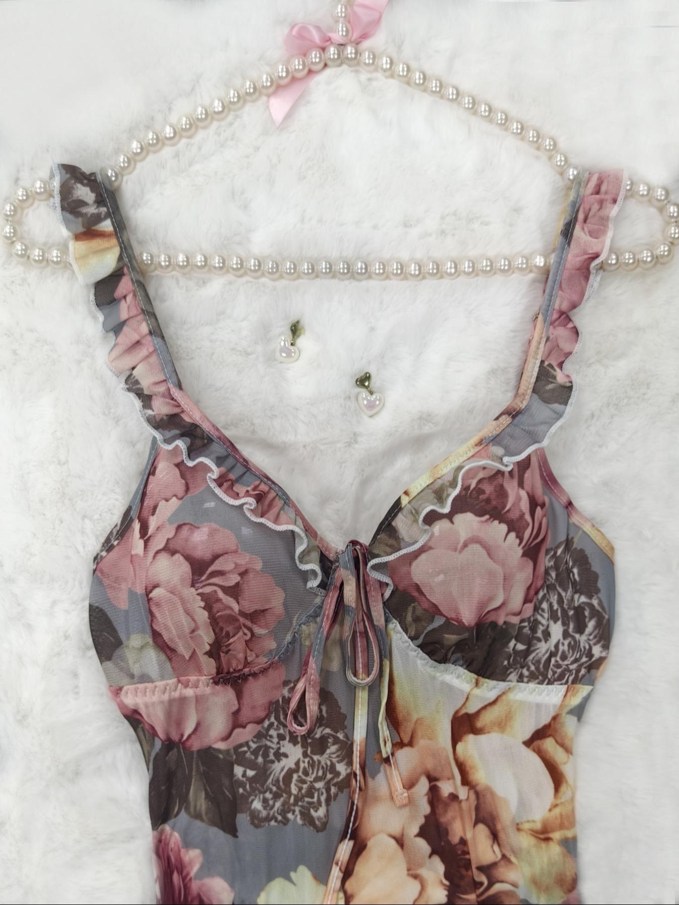 Women's Floral Print Cami Nightdress, Sexy Comfy Breathable Spaghetti Strap Nightgown for Women, Women's Sleepwear for Summer, Loungewear, Womenswear, Nightdress Pj