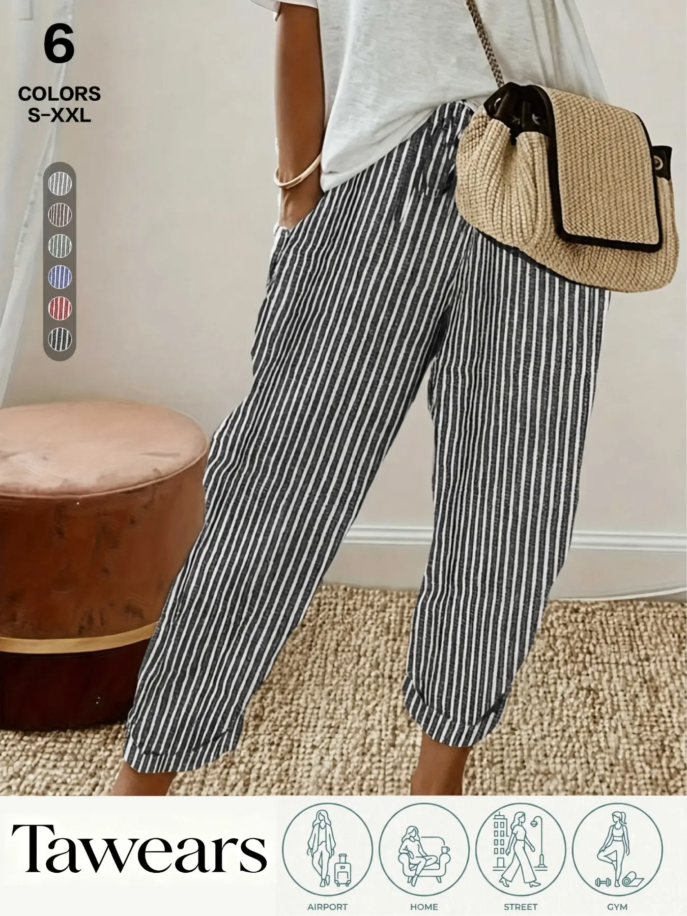 Women's High Waist Striped Cropped Jogger Pants, Lightweight Breathable Casual Trousers, Side Pockets, All-Season Loose Fit, Bottoms