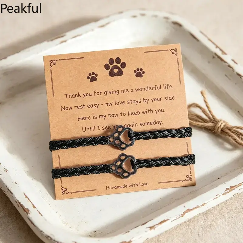 Pet Loss Memorial Bracelets 2-Pack, Adjustable Braided Keepsake with Paw Print Charm & Rainbow Bridge Card, Sympathy Gift for Dog Cat Owners, Unisex Comfort Jewelry