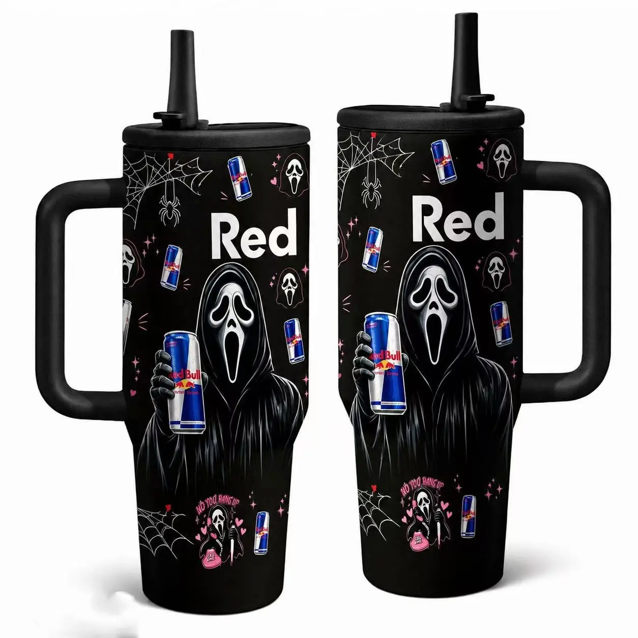 1pc 40oz Black Horror Energy Drink Style Stainless Steel Vacuum Insulated Tumbler with Handle, Leakproof Lid and Straw, Double Wall Travel Office Cup for Hot & Cold Drinks, Keeps Hot 12H & Cold 24H, Spooky Gift Cup, Double Walled Tumbler