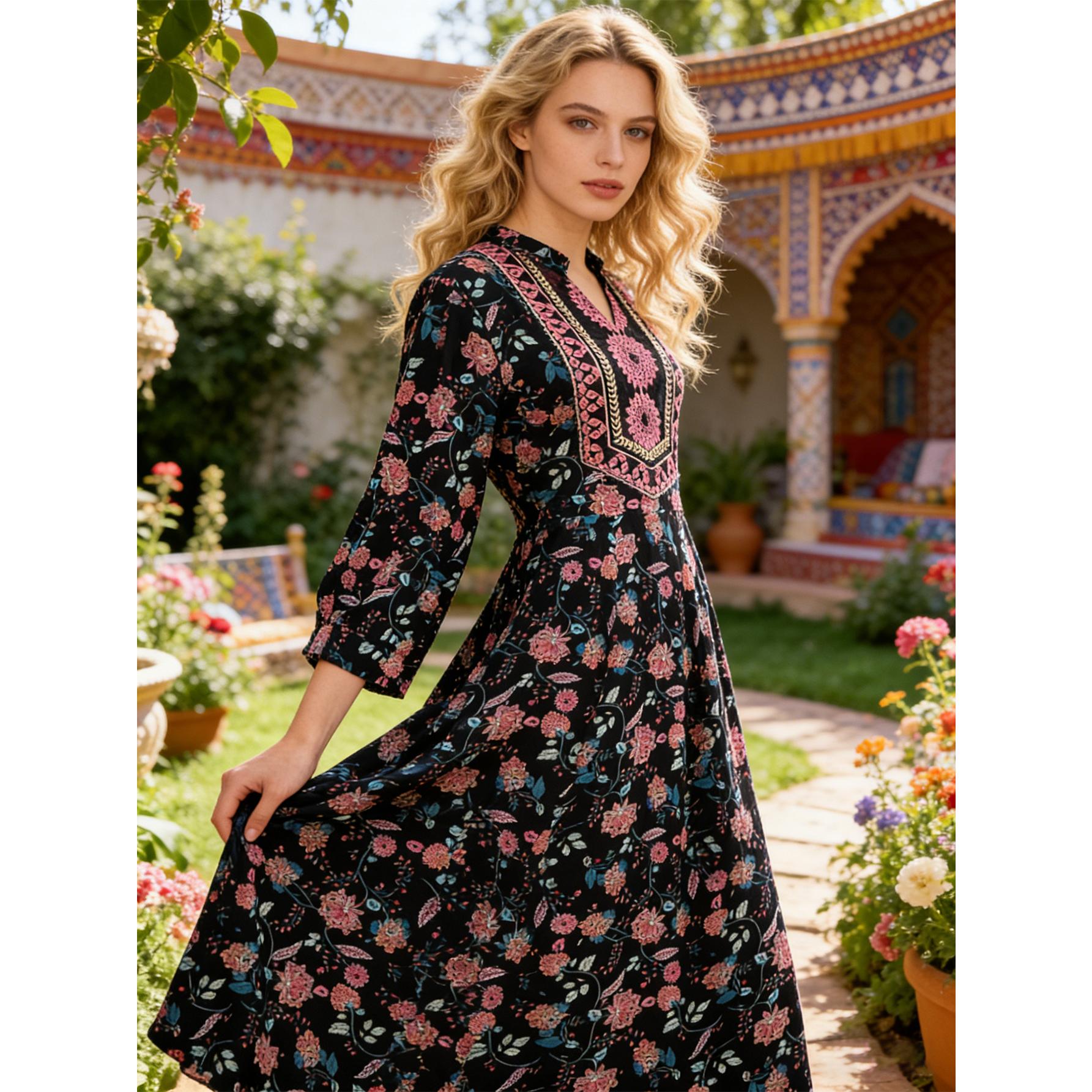 Boho Floral Embroidery Maxi Dress Elegant V-Neck Flowy Gown | Size Inclusive S-4XL Oversize | Perfect for Vacation, Church, Family Photos & Summer Weddings