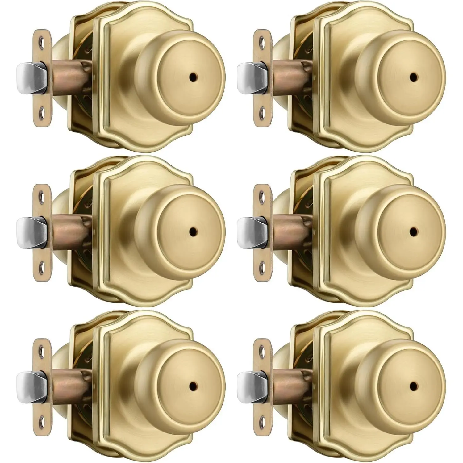 6 Pack Gold Door Knobs with Camelot Trim,Interior Door Knob with Lock,Coastal Privacy Door knob for Bath and Bedroom, Satin Brass