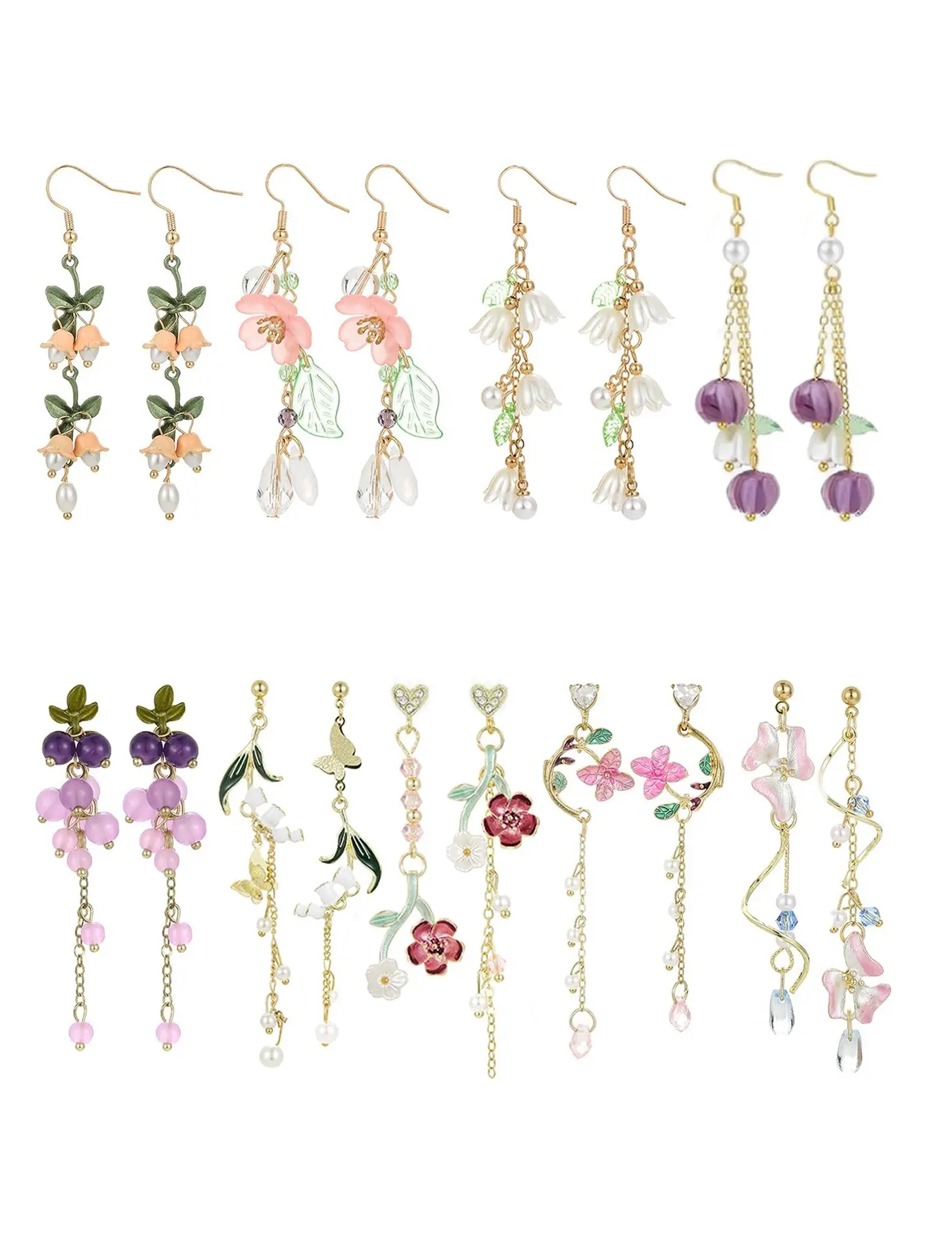 9 Pairs Floral Earrings Set Fashion Earring Inspired Long Dangle Flower Leaf Designed Earrings With Pearl Accents And Tassel Details Hypoallergenic Statement Earrings for Women