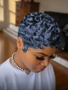 Dusty Blue Color Curly Wave Human Hair Wig for Women Pixie Cut Full Machine Made Wig 150% Density 6 Inch Wig Ideal for Daily Use and Special Occasions like Christmas and New Year Party