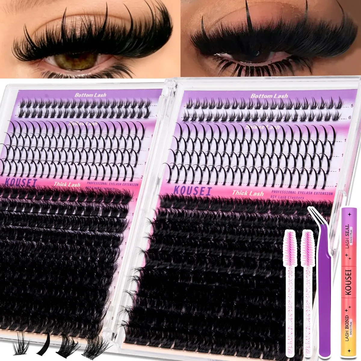 KOUSEI Mega Thick DIY Lash Clusters Set, Spike/60100D/80120D/100150D, 3D Thick with Bottom Lash, 10-18mm, D Curl, Baddie Dramatic Volume Lash, Includes Bond&Seal, Tweezers, Cosmetics Bag, Easily DIY Long-Lasting Salon Charm at Home, Diy Volume Lashes