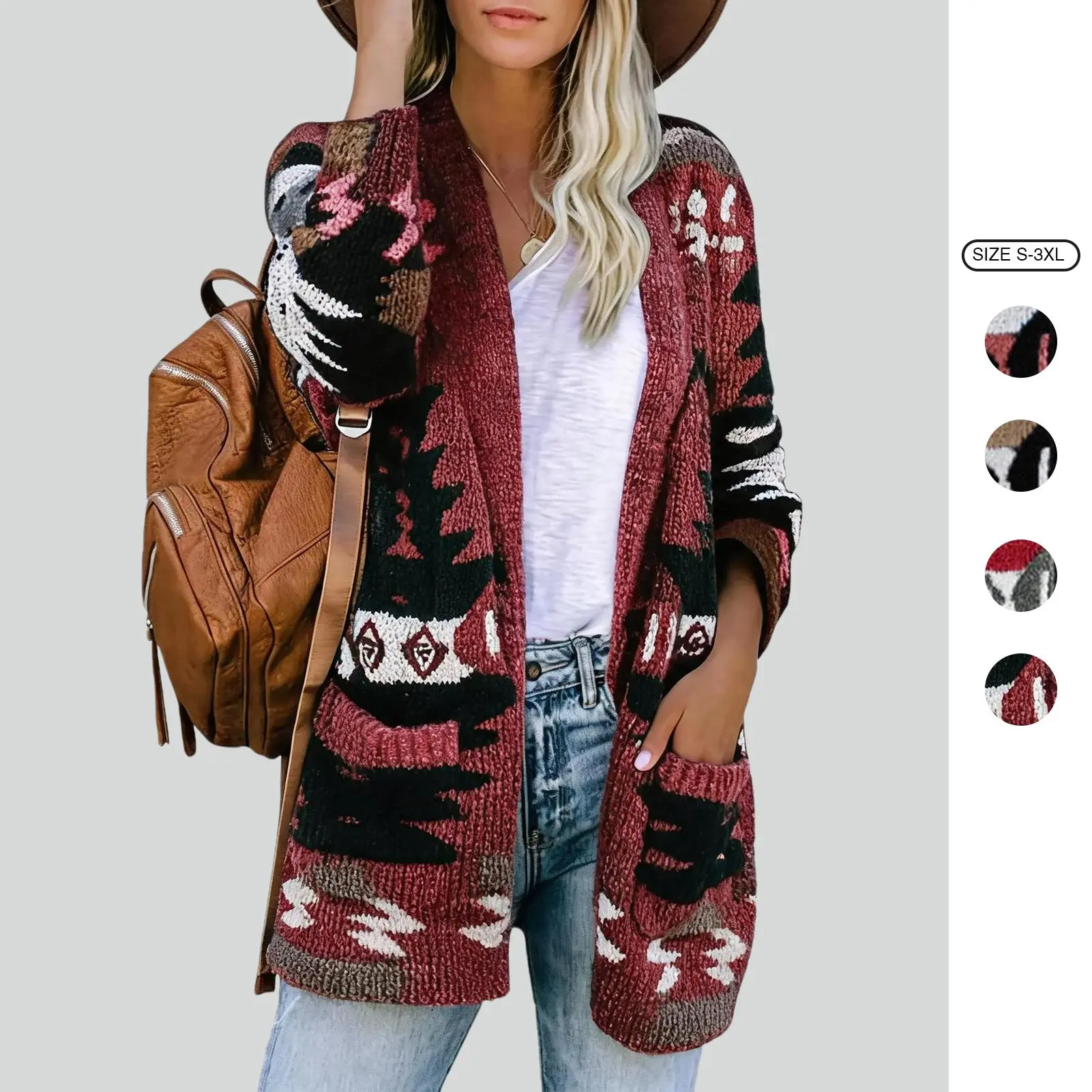 Imily Bela Women Boho Cardigan Aztec Open Front Loose Slouchy Sweaters Tribal Long Sleeve Knitted Christmas Jacket Coat