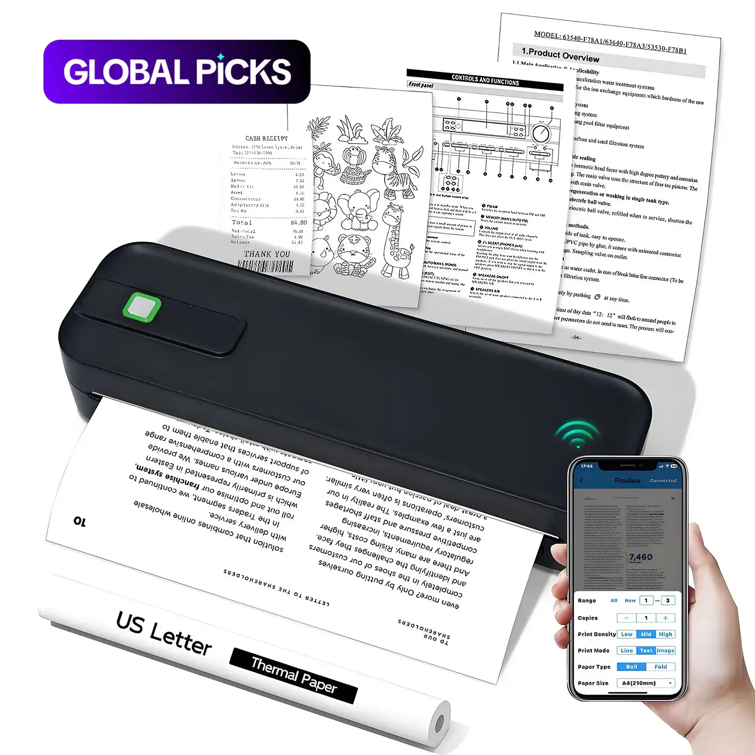 Inkless Handheld Printer, Supports A4 Paper, Portable Thermal Wireless Printer for Printing Resumes, Sheet Music and Exam Papers, Compatible with iOS Devices and Laptops
