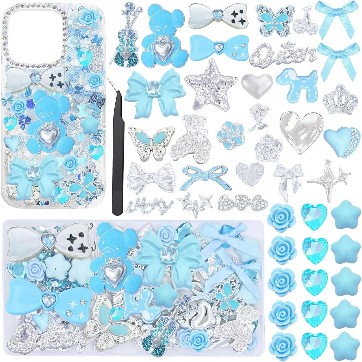 Blue Junk Case Charms,Kawaii Big Charm Bulk,Bling Flat Back Charms for Junk Socks,3D Resin Heart Star for Junk Phone Case Kit,Flatback Big Charm for Customizing DIY Craft Accessories
