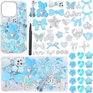 Blue Junk Case Charms,Kawaii Big Charm Bulk,Bling Flat Back Charms for Junk Socks,3D Resin Heart Star for Junk Phone Case Kit,Flatback Big Charm for Customizing DIY Craft Accessories