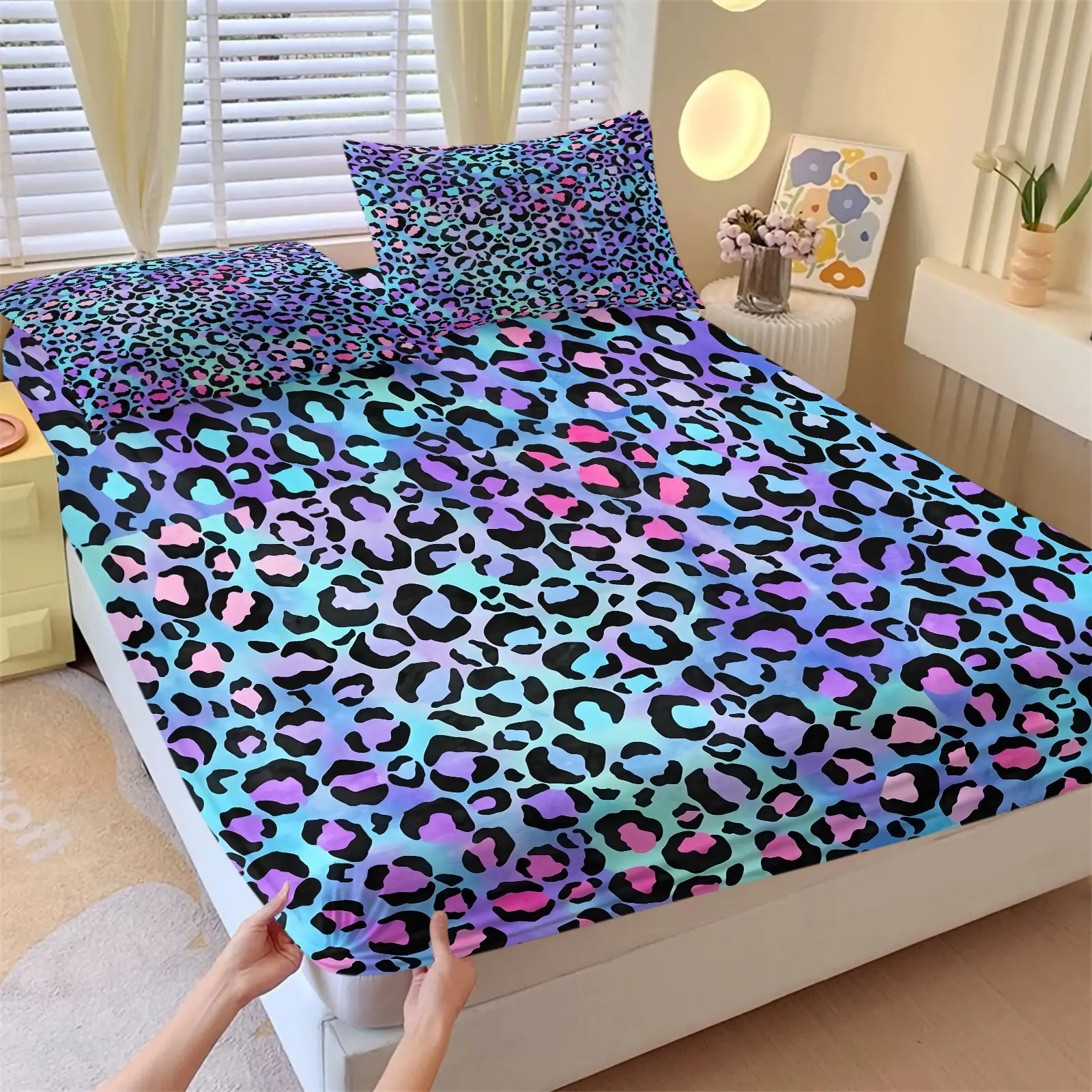 Trendy Y2K Coquette Gradient Pastel Colorful Leopard Print Fitted Sheet Set 3 Piece with 2 Pillowcases, Blue Purple Y2K Girly Bedding All Size, Colorful Cheetah Spot Print Soft Bed Set, Elastic Mattress Cover, Apartment Decor, Girly Gift