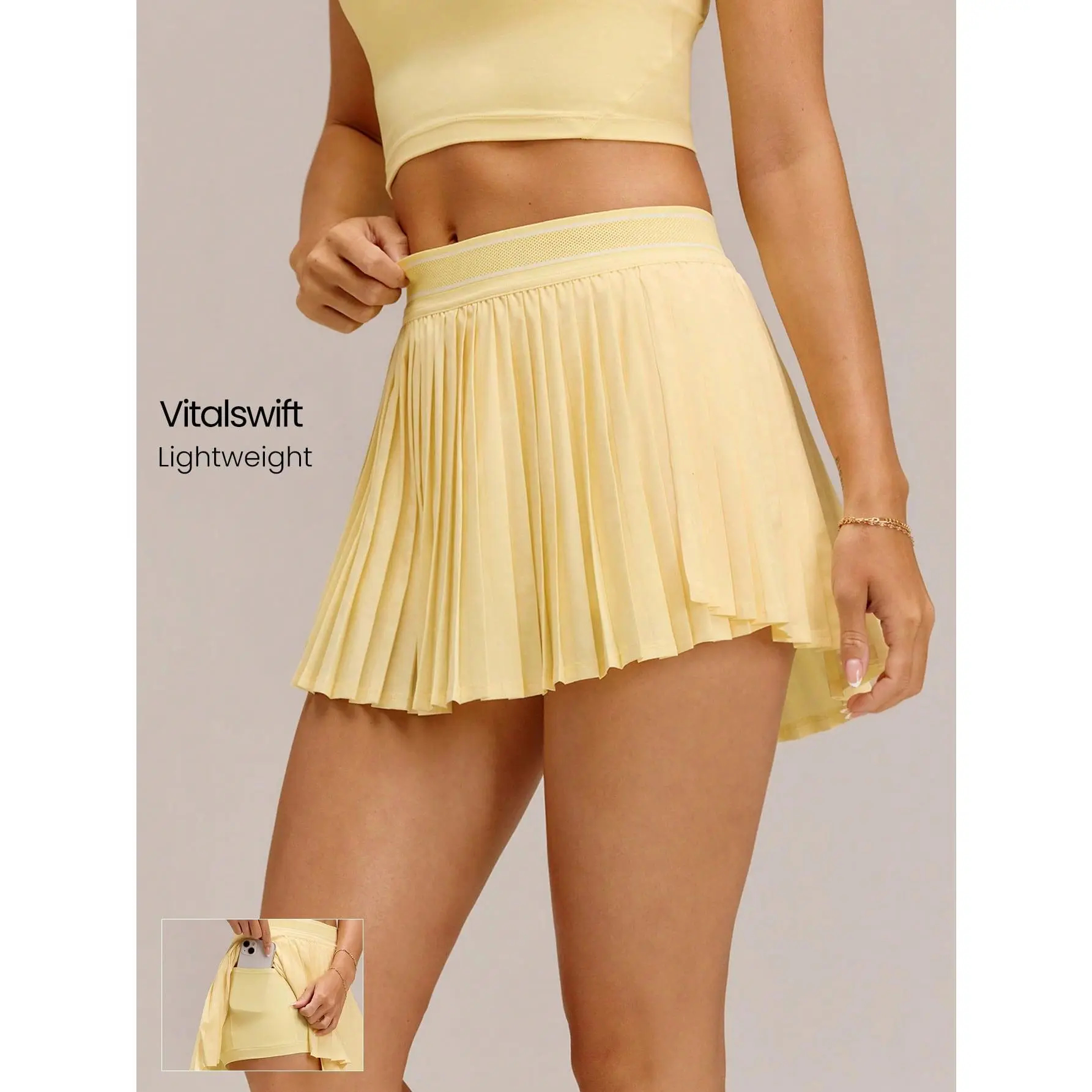 GLOWMODE VitalSwift Sweat-Wicking Quick-Dry UPF50+ Lightweight W-Shape Contrast Mesh Waistband Pleated Mini Tennis Skirt With Built-In Shorts Dual Phone Pockets Mesh Tennis Ball Pocket Golf Tennis Pickleball Active Wear