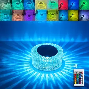 Portable crystal-effect LED desk lamp with 16-color RGB color-changing mode, 3 brightness levels, and dual control via touch and remote. Ideal as a night light for bedside tables, bedrooms, and parties—RGBW-style effects (bulb not included)