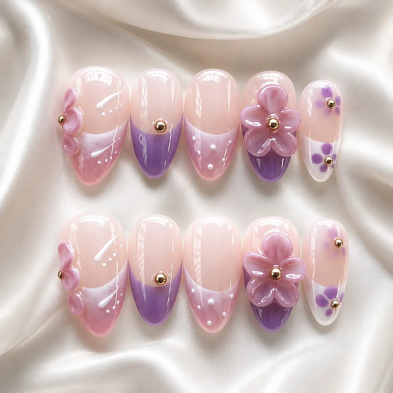 10Pcs Handmade Almond Press On Full Cover Nails | Dreamy Pink Purple Lilac Nails 3D Floral French Tip Design | Reusable Acrylic Glossy False Nails Set for Women | Spring Summer Daily Party Gift Glossy Manicure Long Lasting DIY Nail Art Kit