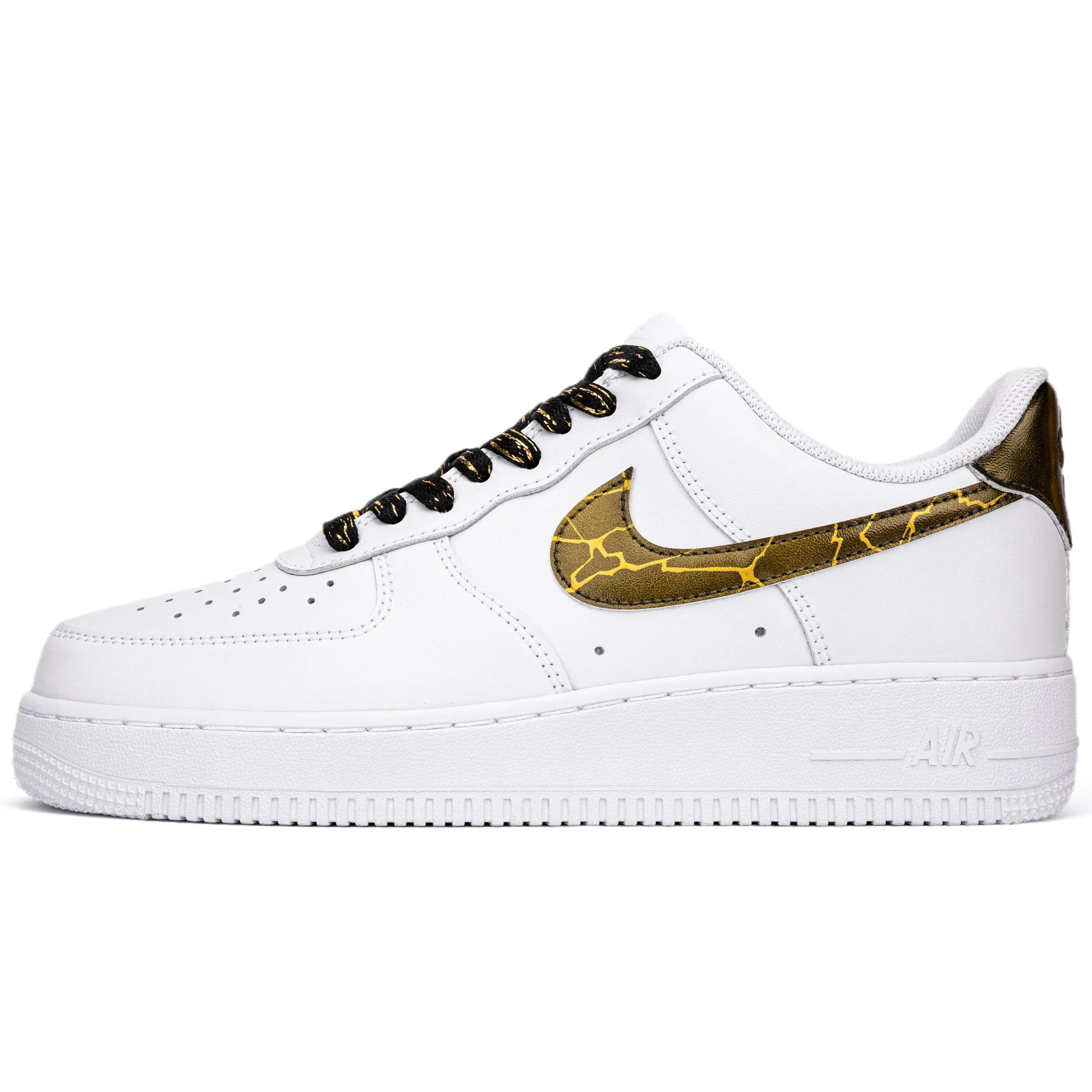 Nike Air Force 1 Custom Hand-Painted Low-Top Sneakers for Men and Women – Black Gold Cracked Finish Verifiable, with credentials and supporting global authentication