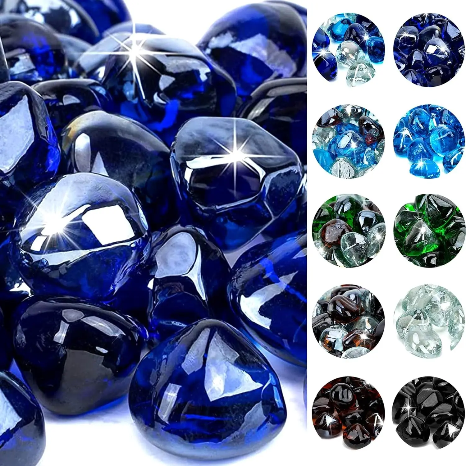 10 lbs Fire Glass Diamonds 1 Inch, Reflective Fire Pit Glass Rocks for Propane & Natural Gas Fireplace, High Luster Multi-Faceted Stones, Cobalt Blue (Multicolor & Blends Available)