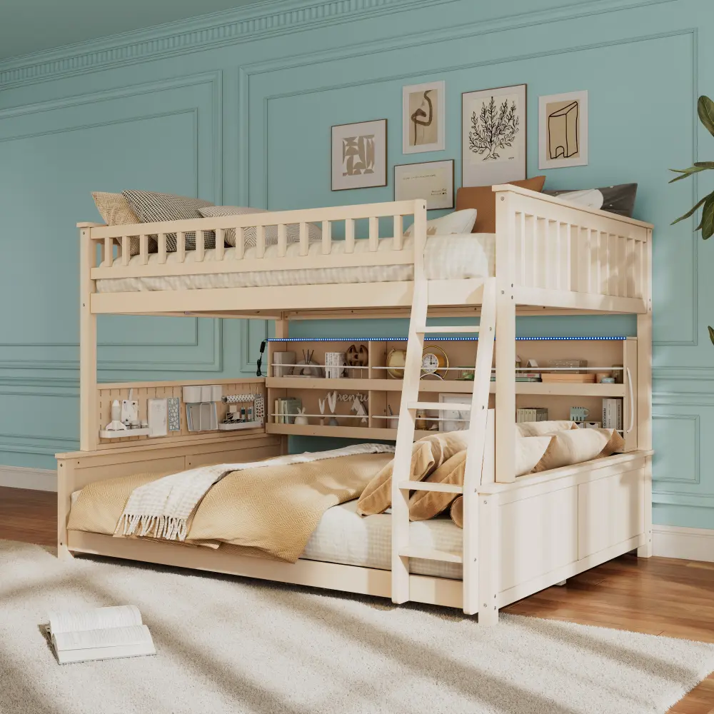 Solid Full-Over-Twin Bunk Bed with Side Pegboard, Shelves, LED Light, Safety Straps, Smart Storage-Display Combo, Assembly Required, Ideal for Bedrooms, Shared Spaces
