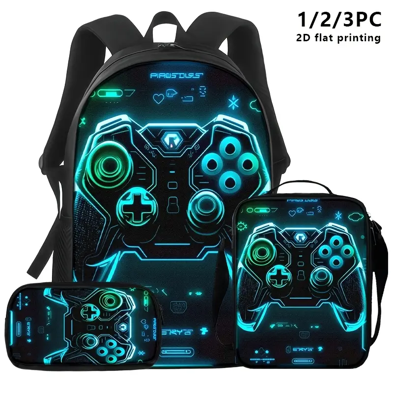 Neon Gaming Controller Backpack, Futuristic Gamer School Bookbag with Padded Straps, Top Handle and Side Mesh Pockets for Kids, Teens and Students