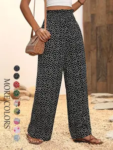 Women's Ditsy Floral Print Shirred Wide Leg Pants, Boho Style Frill Trim High Waist Trousers for Spring & Fall, Women's Bottoms for Daily Wear, Baggy Leggings