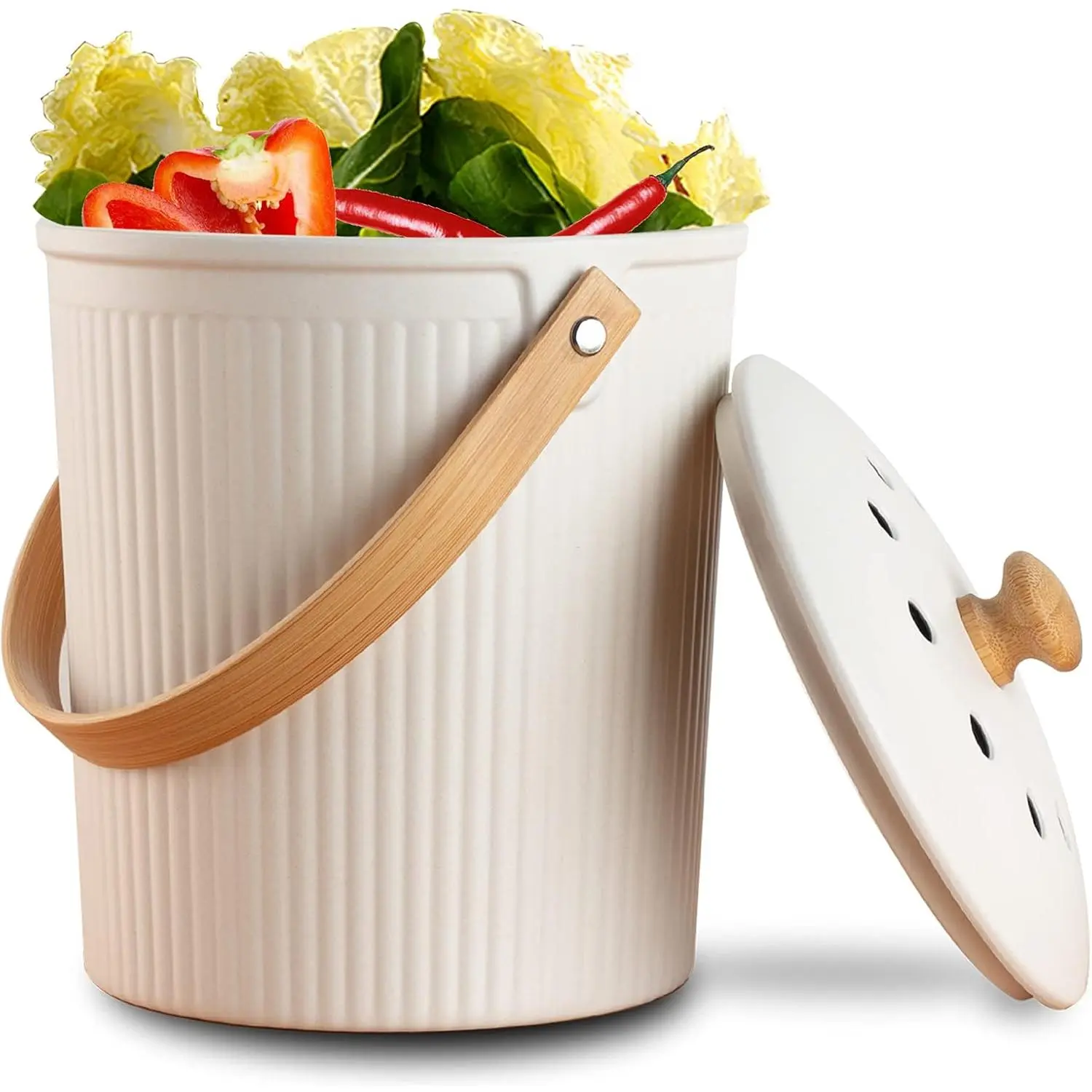 Countertop Compost Bin with Lid, Made of Sustainable Bamboo Fiber, Odorless Kitchen Compost Bucket, 1 Gallon, Cream