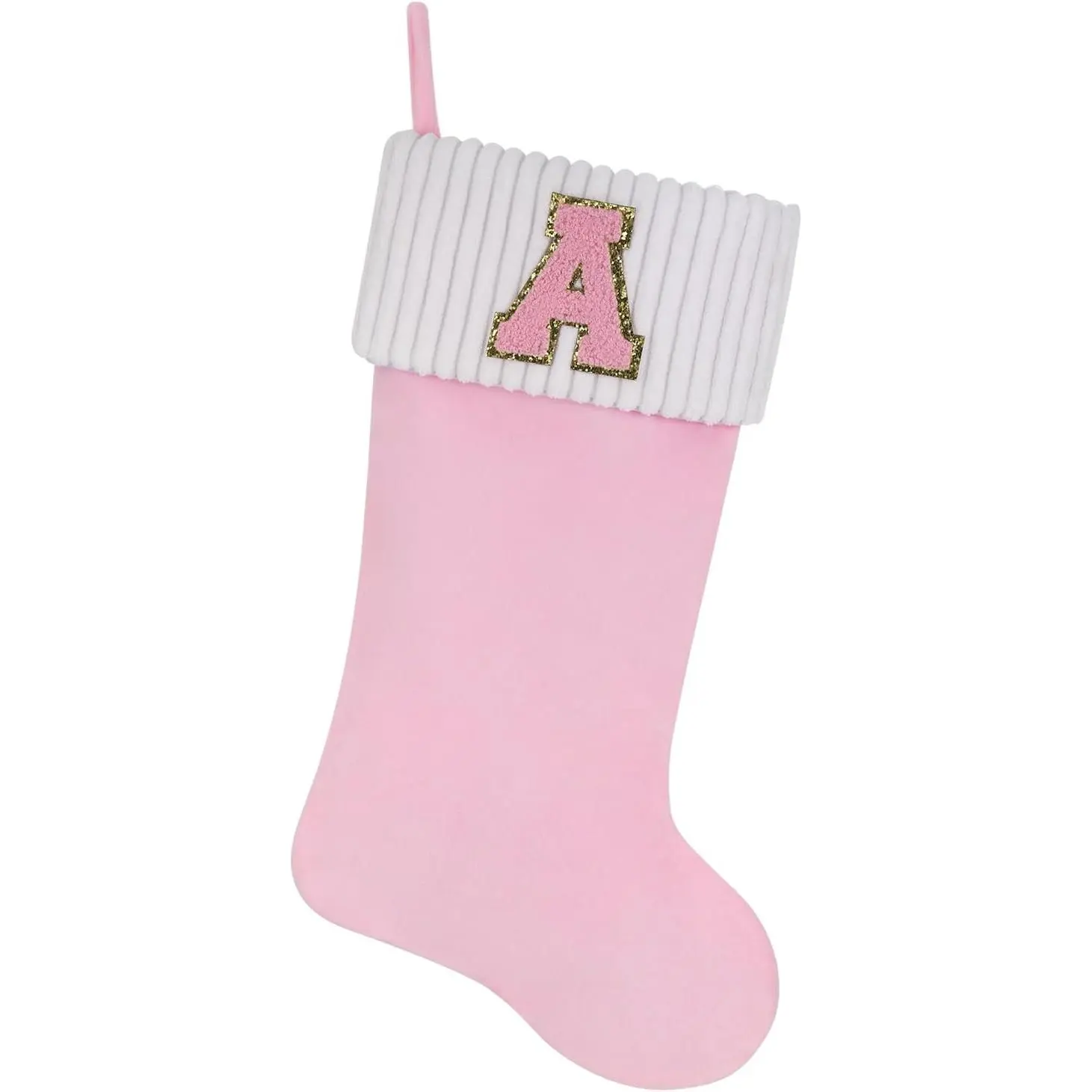20 Inches Letter Embroidered Personalized Pink Velvet Christmas Stocking, Family Holiday Decorations and Xmas Gift