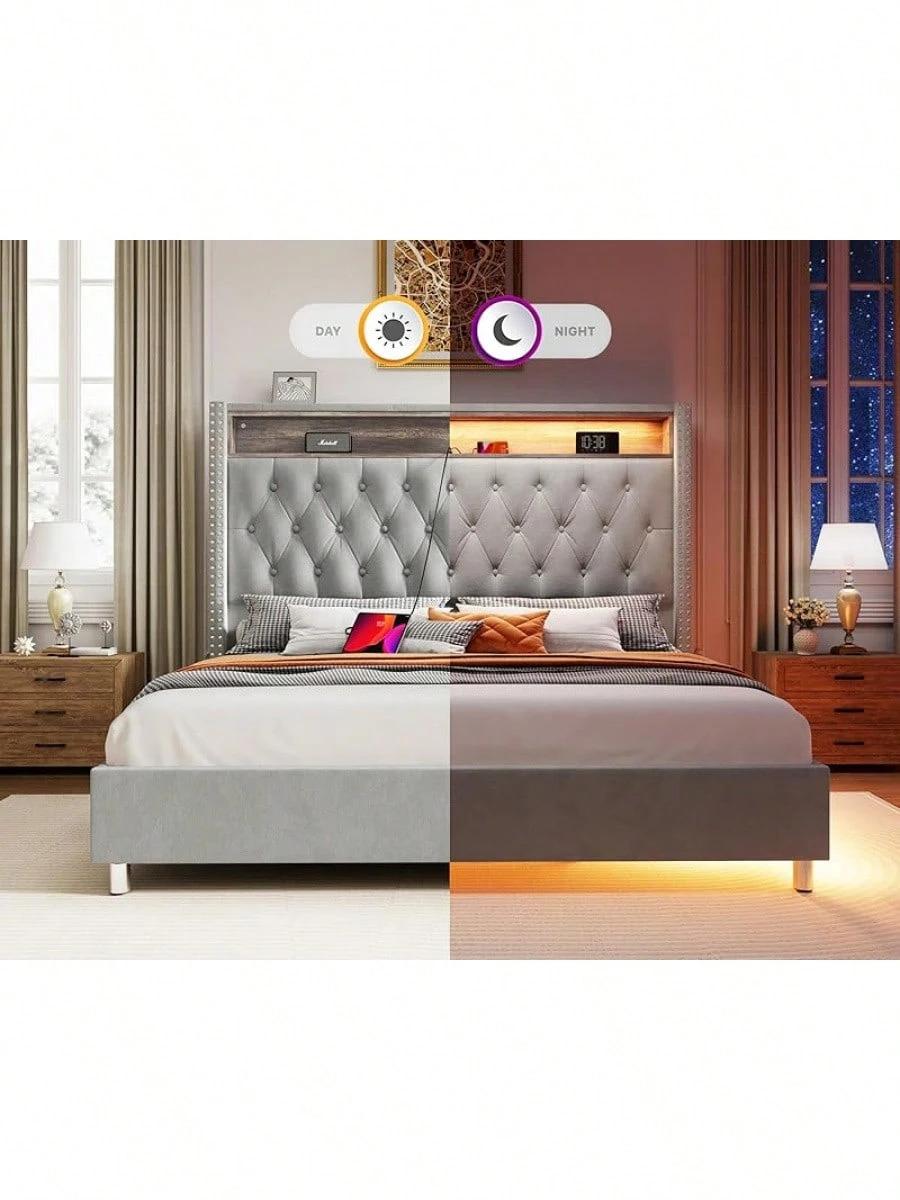 Queen/King Size Velvet Upholstered Platform Bed With Wingback Design, Integrated LED Lights, Charging Station, And Under-Bed Motion Sensor Lighting – No Box Spring Required, Built-In Storage, Black