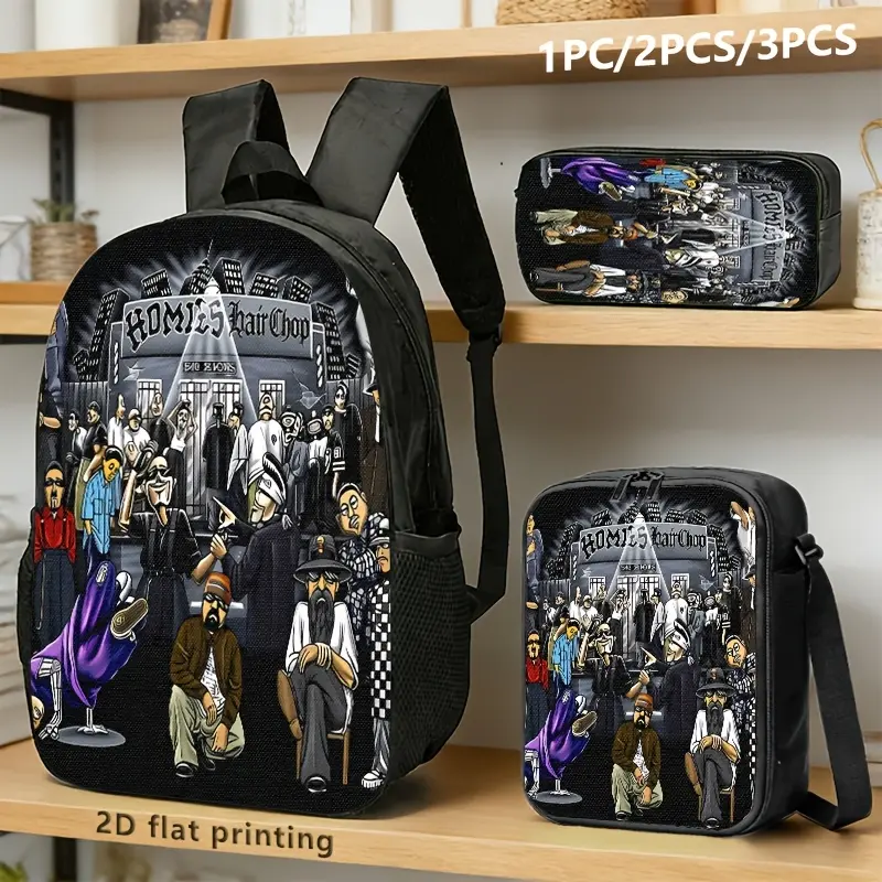 3-Piece Water Resistant Backpack Set, Homies Hair Chop Chicano Street Barber Shop Cartoon Black Background Print Backpack Lunch Bag Pencil Case 600D Oxford Lowrider Culture Fans Daily Use