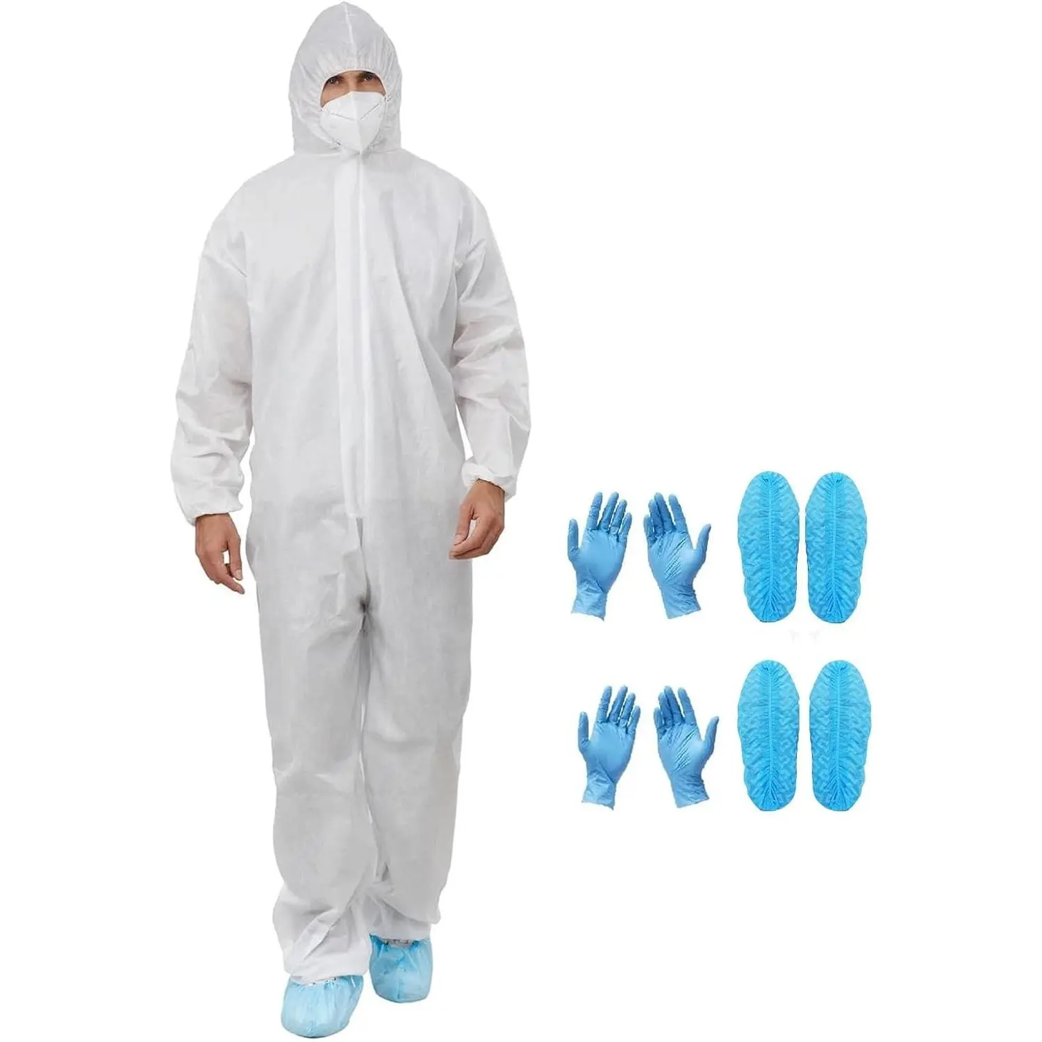 2 Sets Hazmat Suits, disposable coveralls with Hood with Shoe Covers and Gloves, 5 Sizes Options