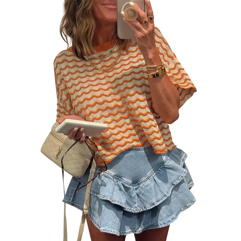 Tankaneo Womens Striped Color Block Tops Summer Short Sleeve Loose Fit Blouses Casual Crew Neck Knit Shirts