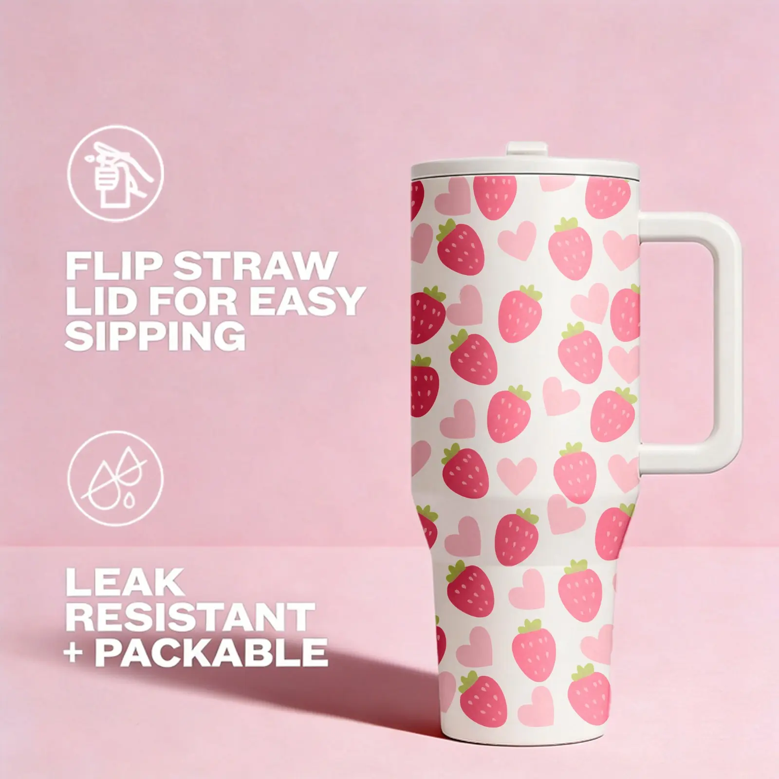 1PC Strawberry Sweetheart Tumbler 40oz, Cute Pink Strawberry Water Bottle with Handle and Straw, Insulated Stainless Steel Cup, Leak Resistant Travel Mug, Aesthetic Girl Gift for Summer, Car Cup Holder Friendly