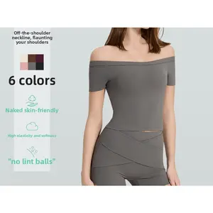 Cloud sense one-word collar yoga clothes, short sleeves, chest pads, running, quick-drying, breathable sports bras, and fitness clothes tops. cotton