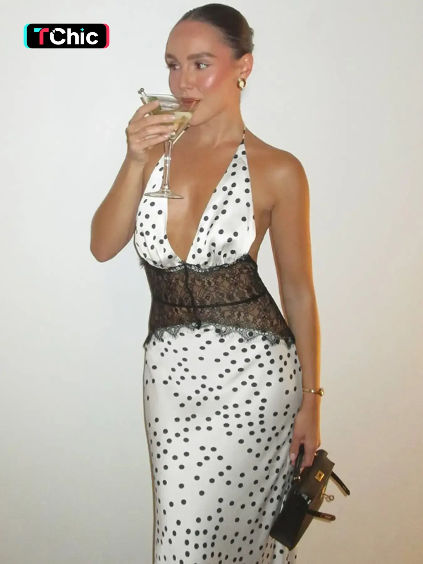 Women's Summer Sexy V-Neck Backless Long Dress, Lace Polka Dot Sun Dress for Party & Club, White Bodycon Dress