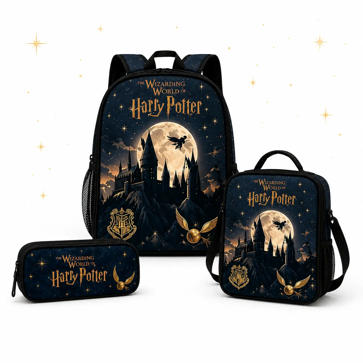 WB - Warner Bros Harry Potter 3-Piece Canvas Backpack Set with Lunch Bag & Pencil Case, Unisex Wizard Theme Backpacks for School, Hogwarts Castle Back to School Gift with Zip Closure