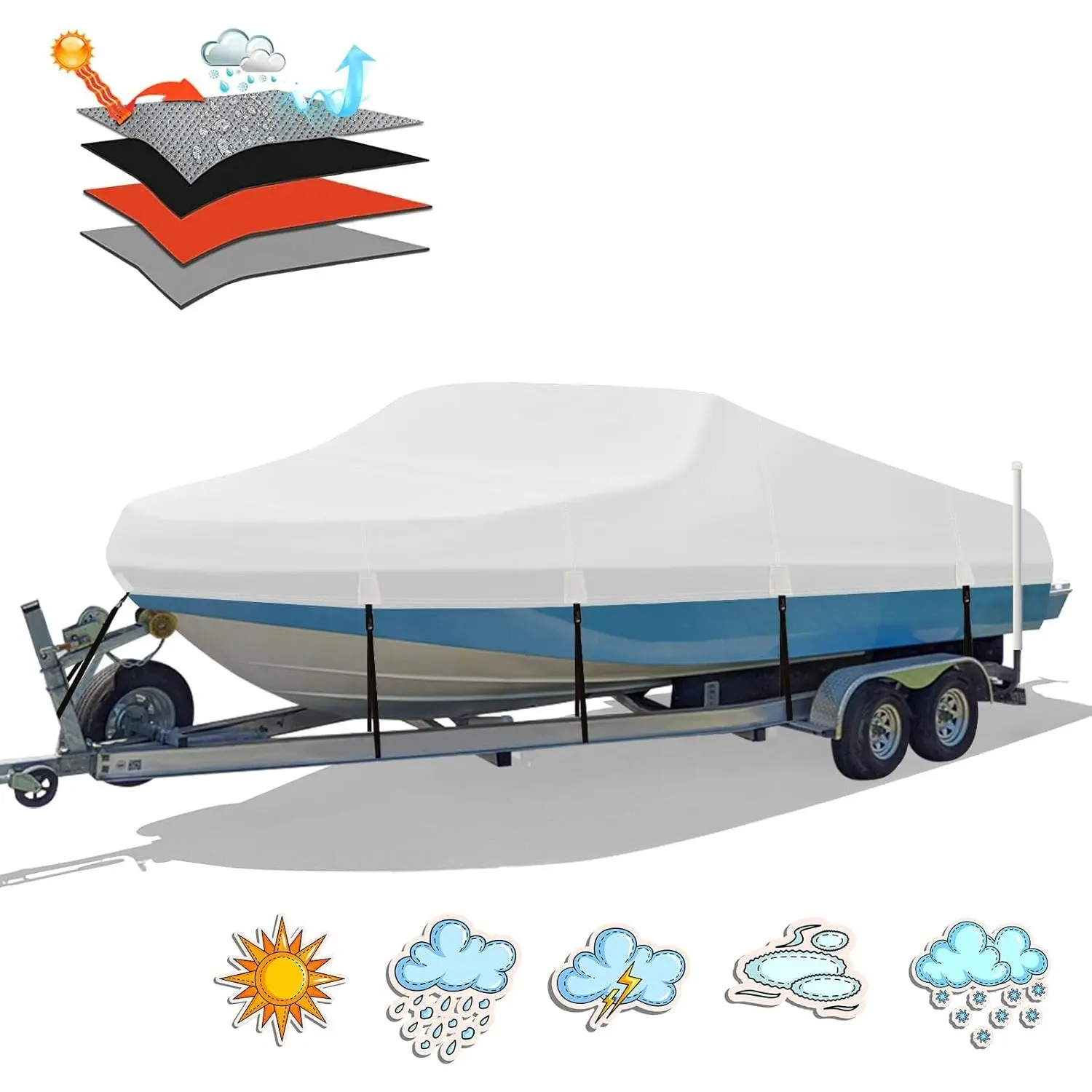 Heavy Duty 1200D PU Waterproof Boat Cover, 17'- 19' Trailerable Marine Grade Polyester Canvas, Fits 17-19ft V-Hull, Tri-Hull, Fishing Boat, Runabout, Pro-Style Bass Boat with Tightening Strap