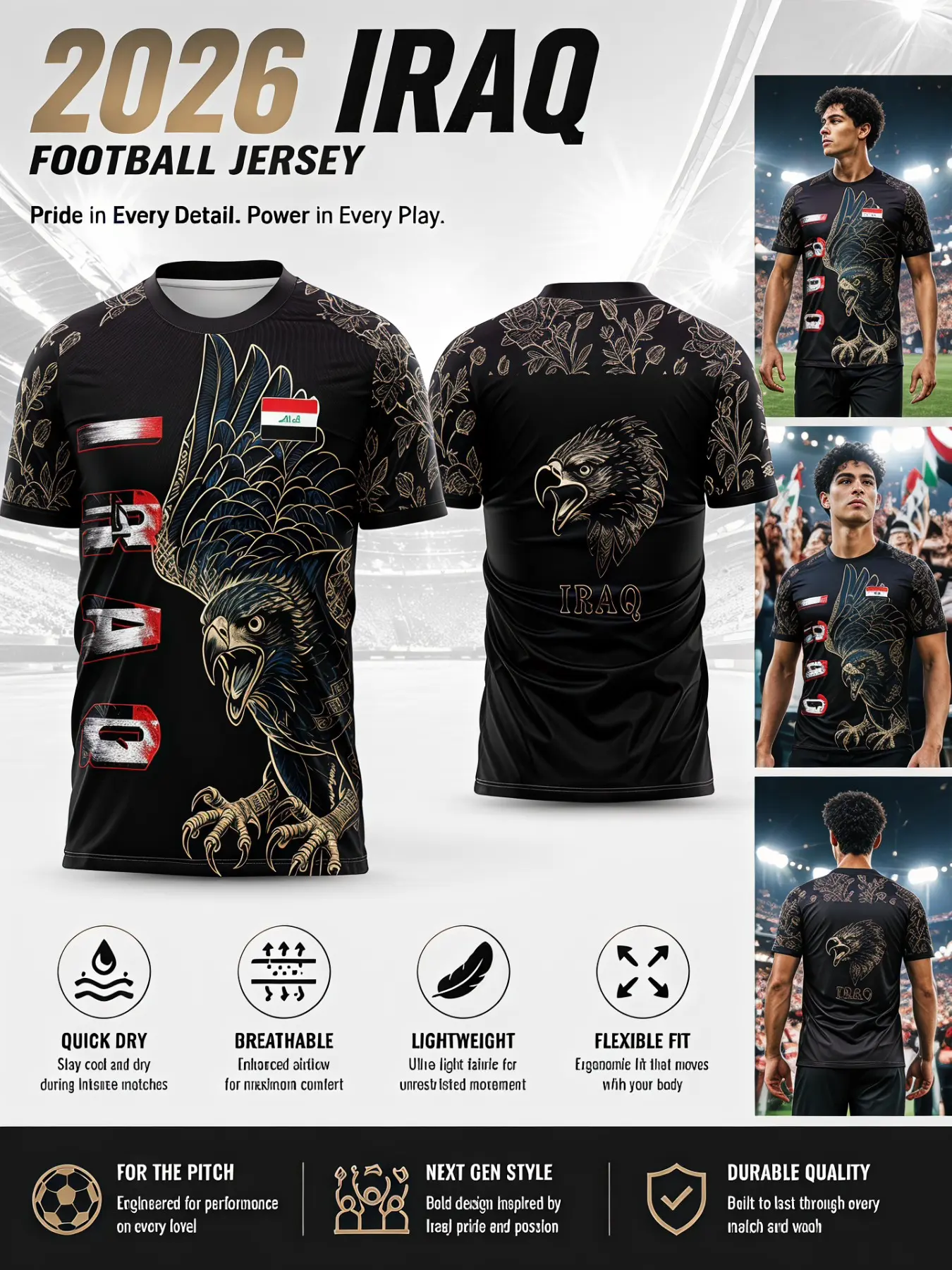 Iraqi Traditional Football Jersey, Football Shirt, Quick-Dry Breathable Mesh, Slim Fit Sporty Tee, Eagle & Floral Print, Ideal for Iraqi Fans