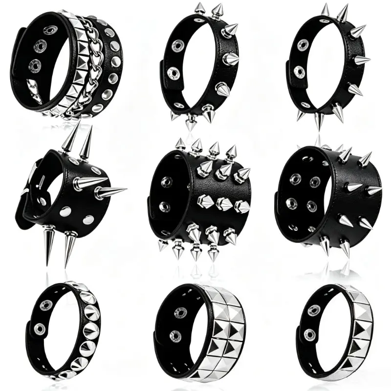 9 Pack Gothic Punk Spiked Rivet PU Leather Bracelet Set, Y2K Rock Metal Stud Wide Wrist Cuffs, Unisex Edgy Stackable Wristbands for Men Women Concert Halloween Streetwear Accessories