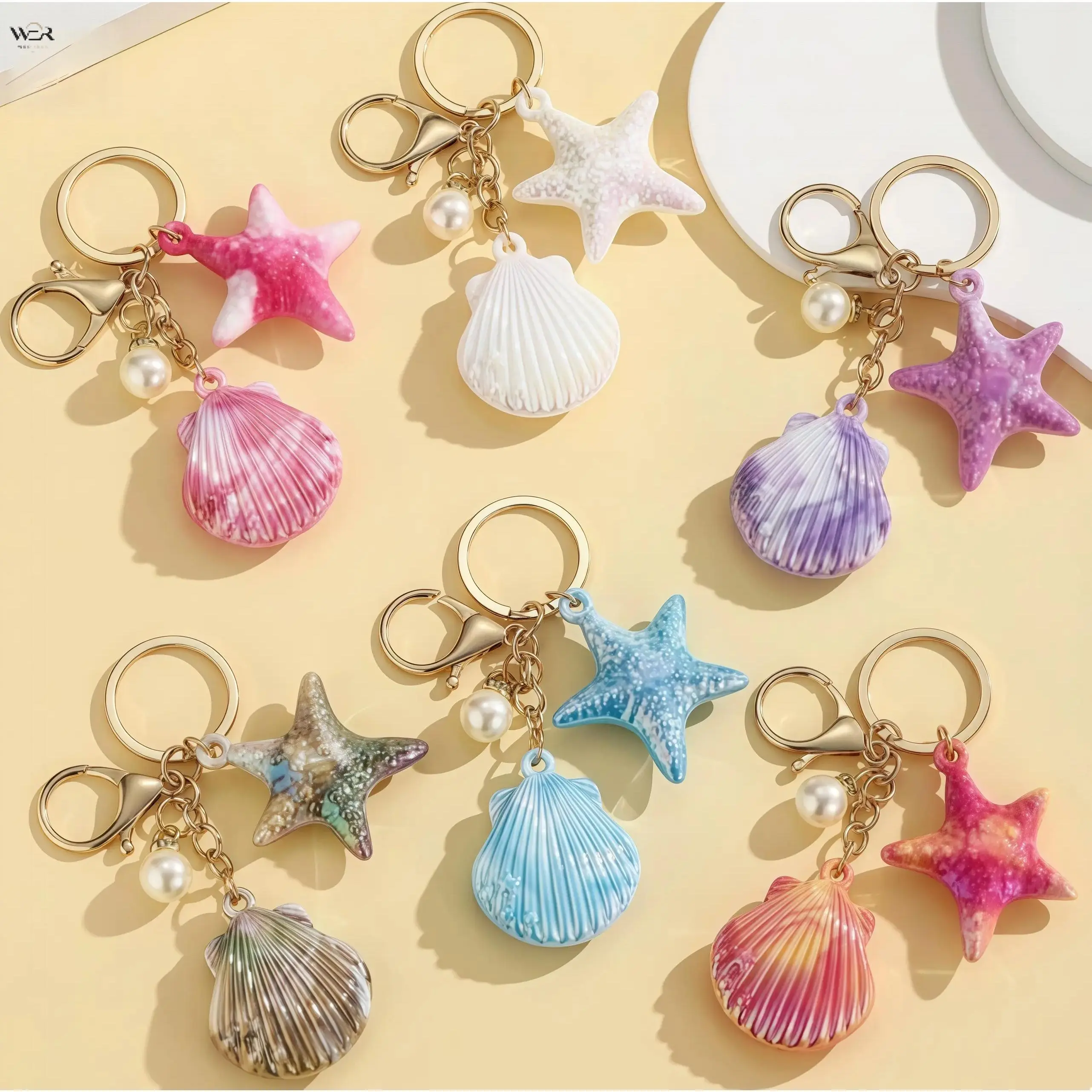 Women Girls Gradient Hologram Starfish Shell Resin Alloy Keychain - 11cm Key Ring with Pearl Pendant, Lobster Clasp, Beach Vibes Summer Bag Charm (6 Colors Available)