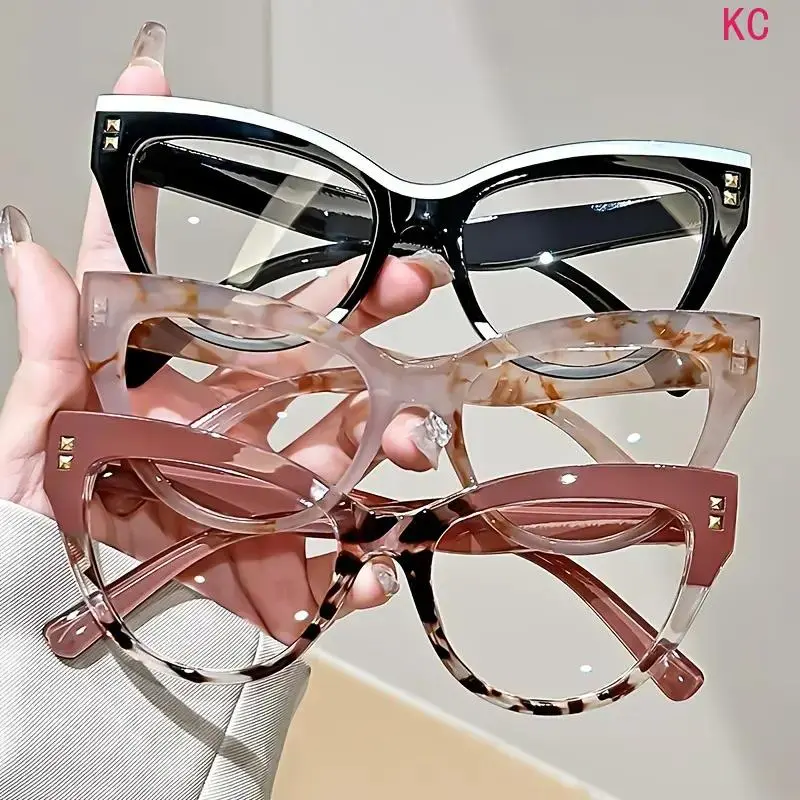 Cat Eye Color Block Plain Glasses, Lightweight Polycarbonate Frames With Metal Hinges, Minimalist Zero Diopter Fashion Eyewear For Daily Matching